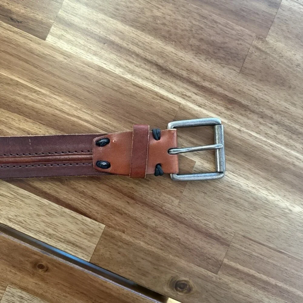 Lucky Brand Brown Leather Belt Handcrafted Vintage Style Distressed Buckle Sz 32